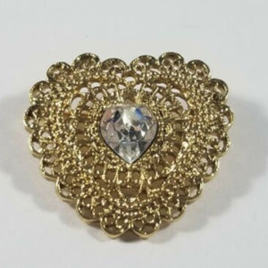 VTG Gold Tone Rhinestone Heart Foligree Brooch
